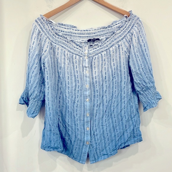 Miss Me Off Shoulder 3/4 sleeve Blouse Top Blue Dye Print Front Buttoned M - Picture 3 of 10